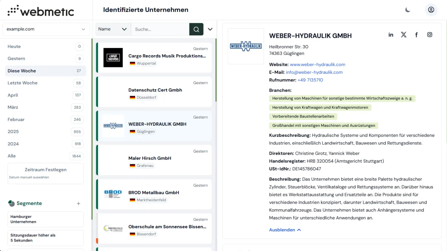 Webmetic Dashboard mit detaillierten Unternehmensprofilen